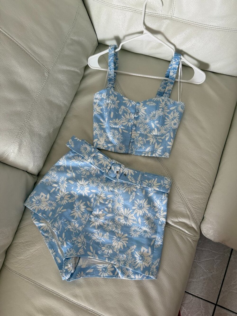 ZARA: Womens Blue Linen Blend Floral Belted High Rise Waist AND Cropped Top